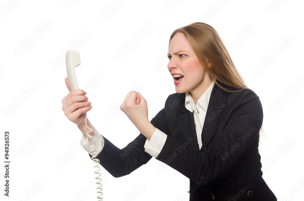 Pretty office employee holding phone isolated on white Pretty office employee holding phone isolated on white