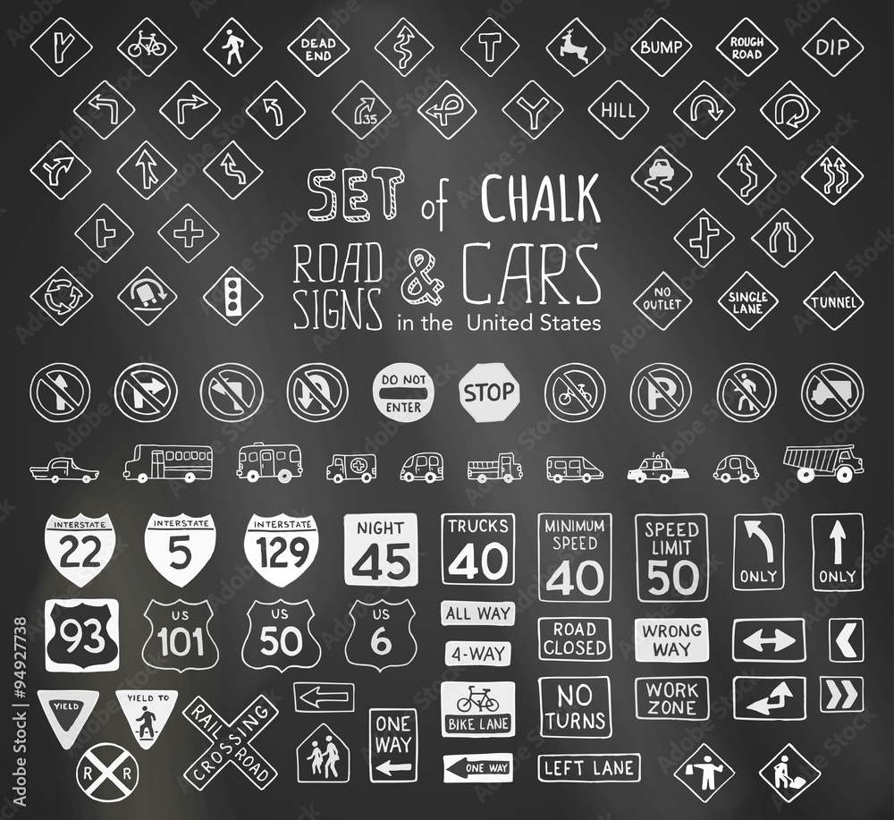 Vector set of chalk road signs in the United States and vehicles. Stock ...