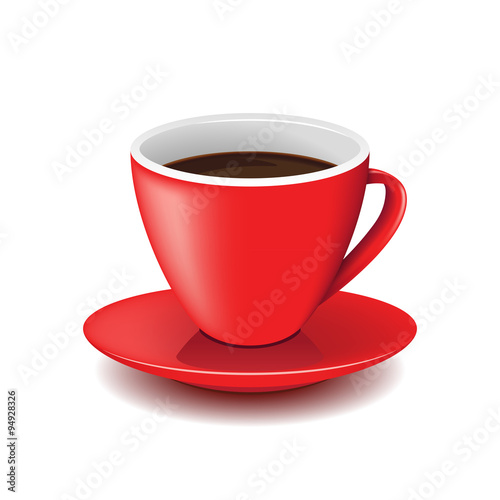 Red cup of coffee on plate isolated on white. Vector illustration.