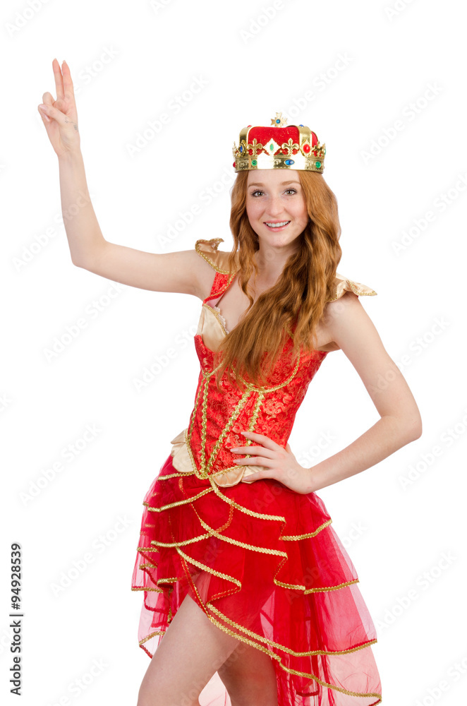 Princess wearing crown and red dress isolated on white Princess wearing crown and red dress isolated on white