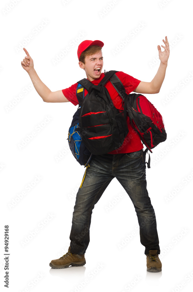 Young traveller with backpack isolated on white Young traveller with backpack isolated on white
