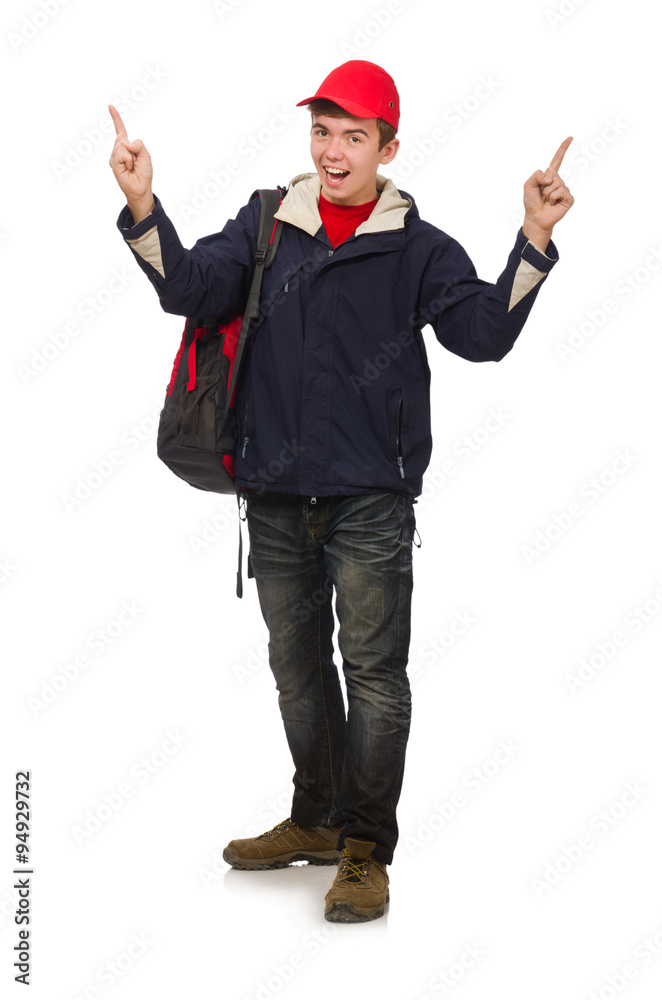 Young traveller with backpack isolated on white Young traveller with backpack isolated on white