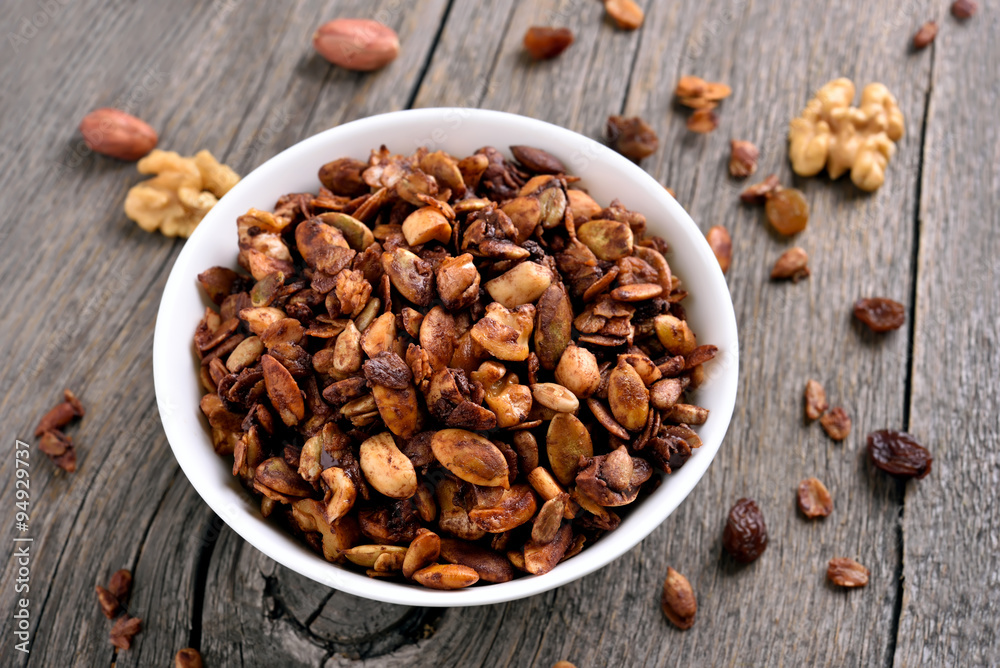 Chocolate granola in white bowl