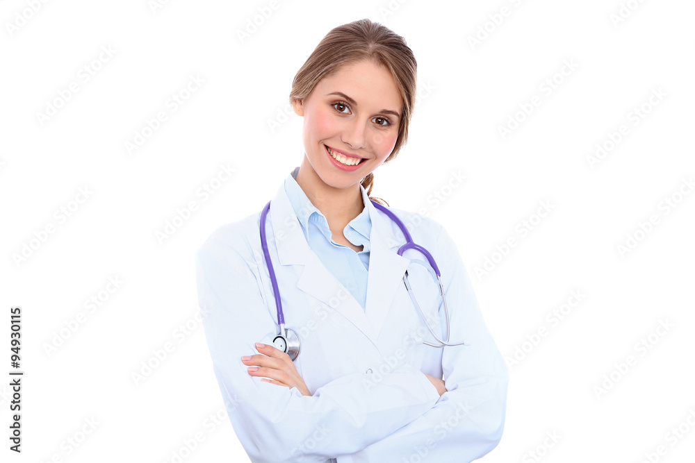 Friendly smiling young female doctor, isolated over white background Friendly smiling young female doctor, isolated over white background