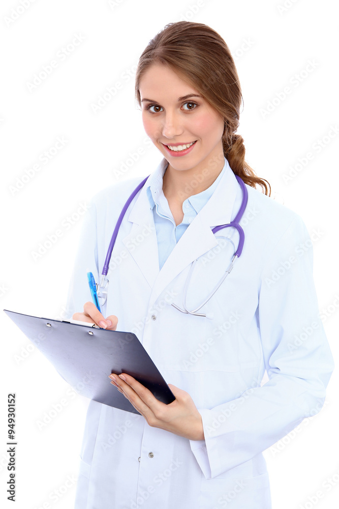 Friendly smiling young female doctor, isolated over white background Friendly smiling young female doctor, isolated over white background