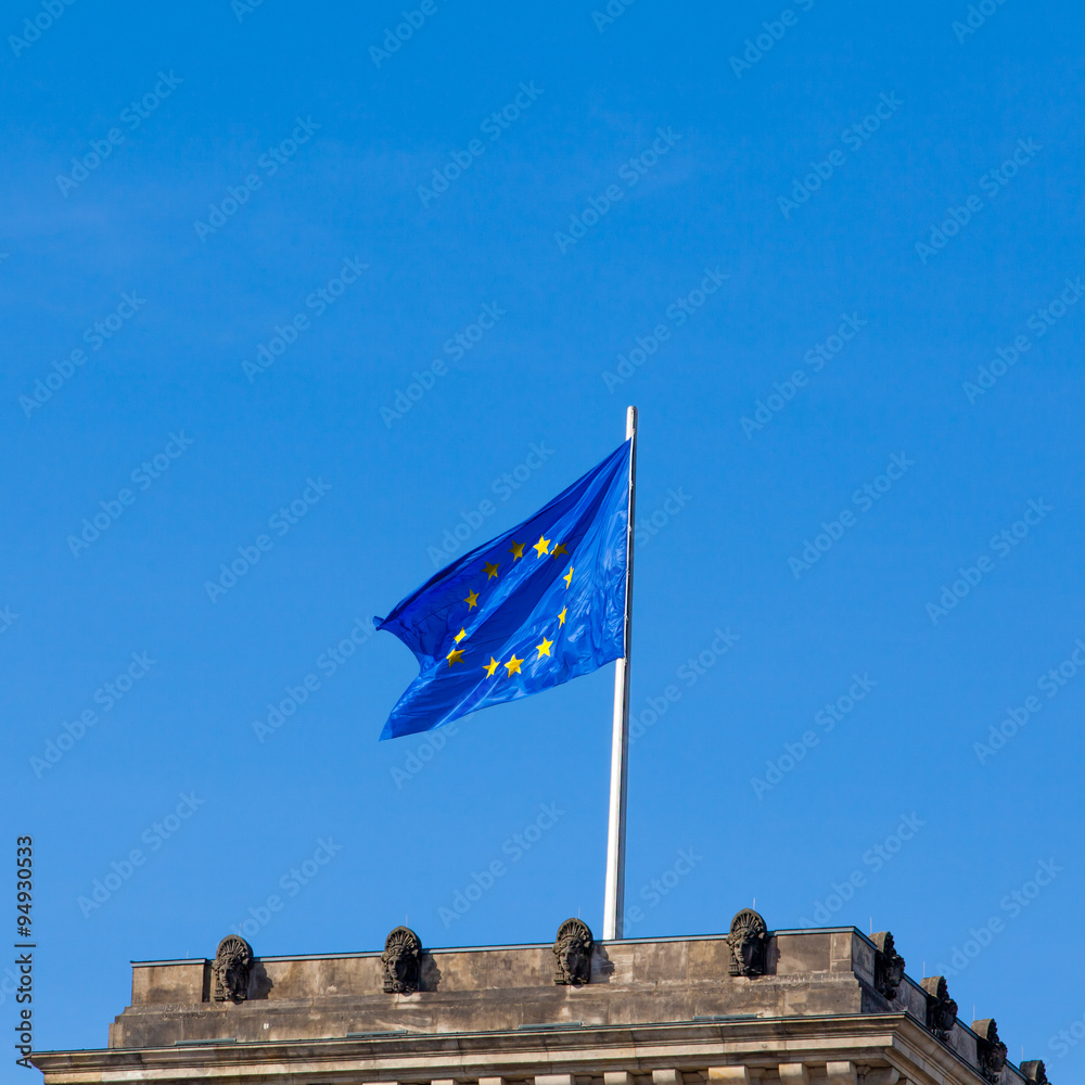 Flag of European Union.  EU Flag towards blue sky