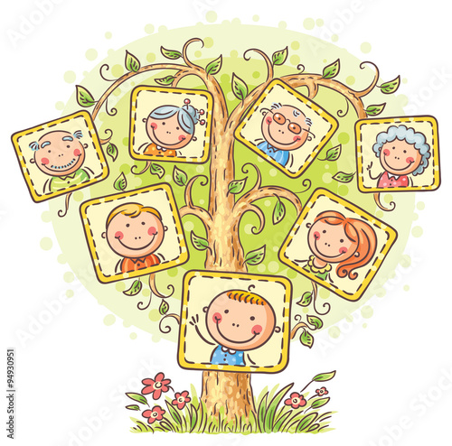 Family tree in pictures, little child with his parents and grandparents