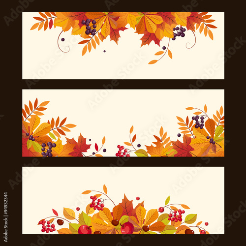 Autumn Banners with Leaves, Chestnuts and Ripe Berries, Vector Illustration