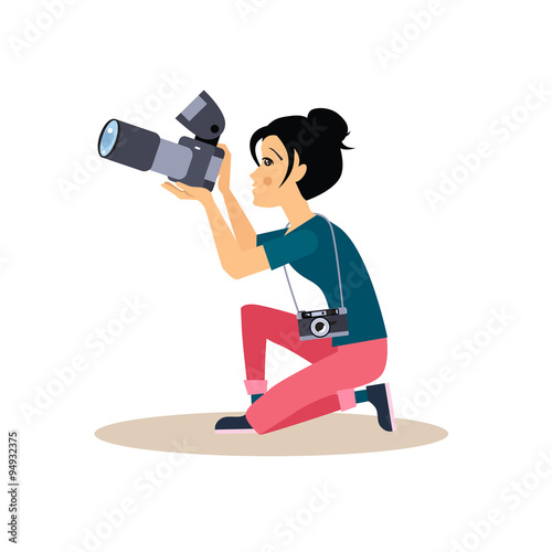 Girl Photographer in Flat Style. Vector Illustration