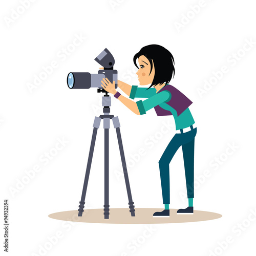 Girl Photographer with Tripod in Flat Style. Vector Illustration