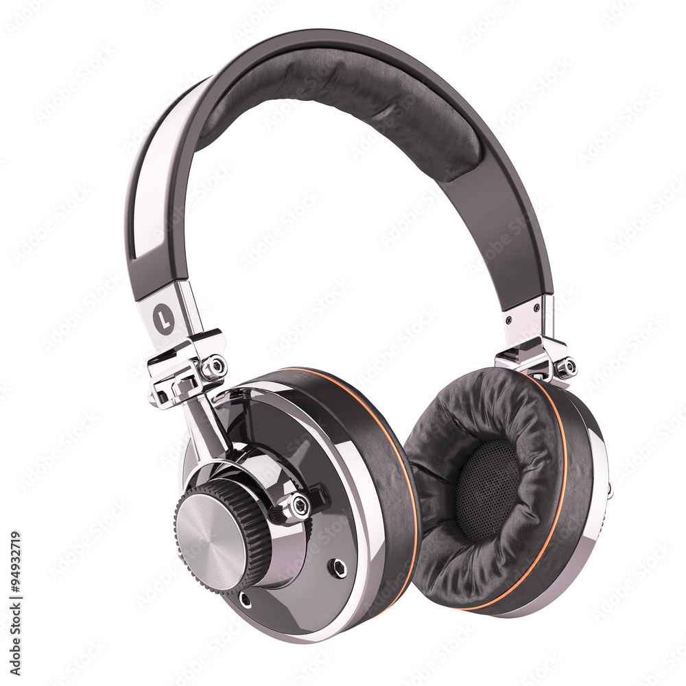 Obraz premium Retro headphones of black leather isolated on white background 3