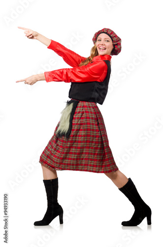 Funny woman in scottish clothing on white