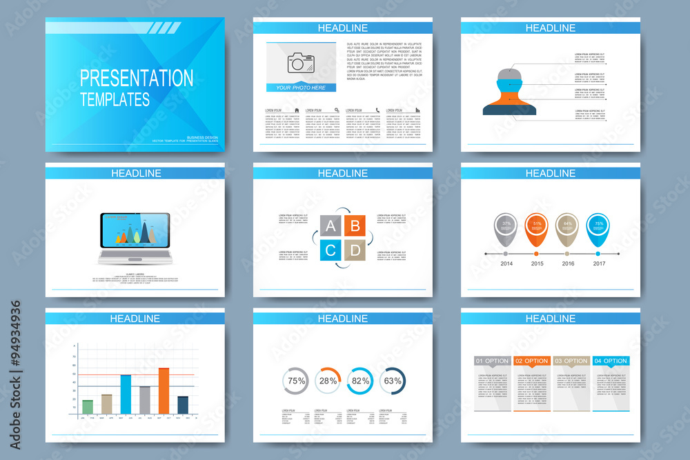 Set of vector templates for multipurpose presentation slides. Modern business design with graph and charts