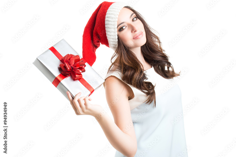 Beautiful woman in santa hat holding box gift.