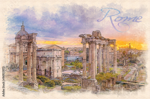 Fototapeta Efekt akwareli ilustracja świtu nad rzymskim forum