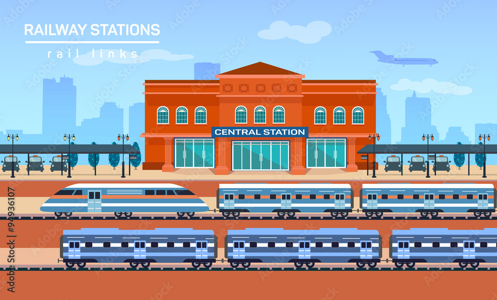 Railway station, vector flat background illustration Railway station, vector flat background illustration