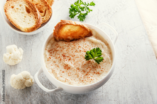 Soup puree cream with cauliflower and croutons