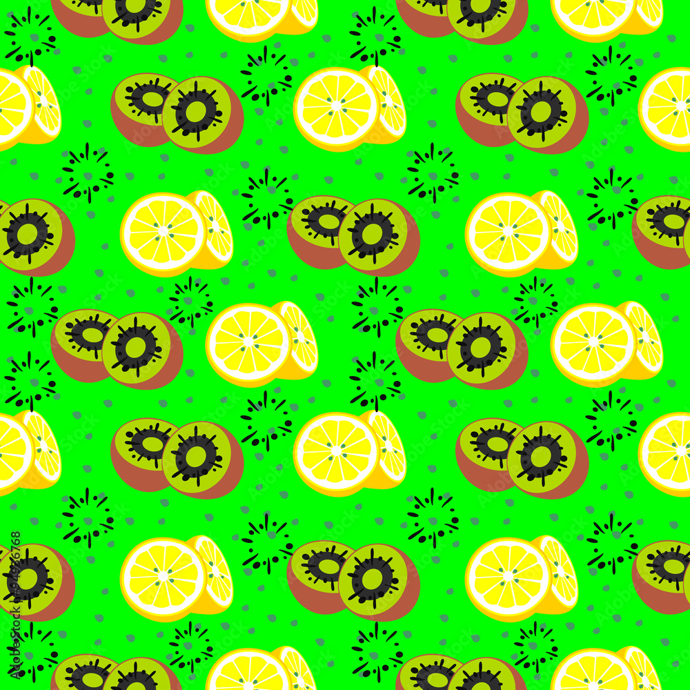 Vector seamless pattern with elements of exotic fruits, kiwi and lemons, on a light background. Series of food and drink and ingredients for cooking.