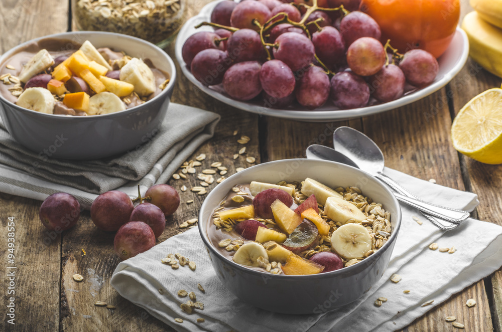 Homemade granola with fruit and chocolate