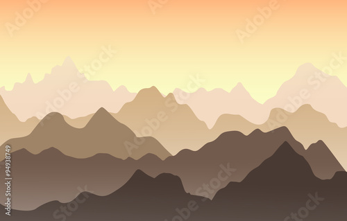 Beautiful mountain landscape in the summer evening. Vector illustration. Sunset in the mountains.