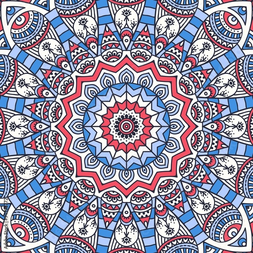 Blue and Red Mandala Seamless Pattern