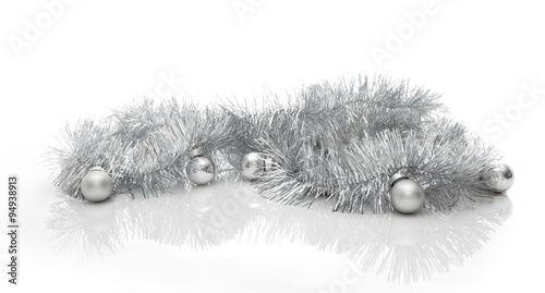 Greeting card made of silver tinsel with silver christmas balls