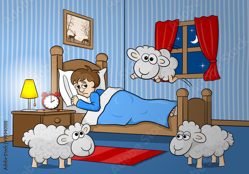 Schafe springen über das Bett eines schlaflosen Mannes