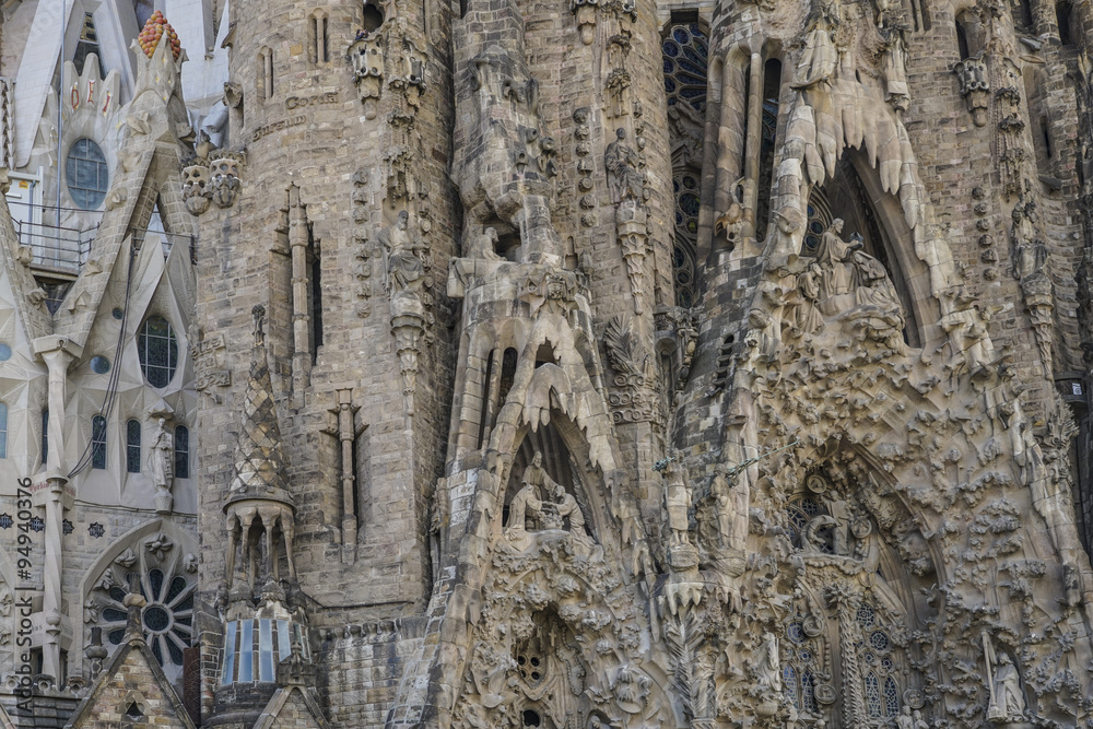 BARCELONA, SPAIN - OCTOBER 08, 2015: Details of Sagrada Familia is a Roman Catholic Cathedral in Barcelona, designed by Catalan architect Antoni Gaudi.