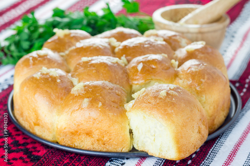 Traditional Ukrainian homemade bun (pampushka) with garlic, usually served with borscht
