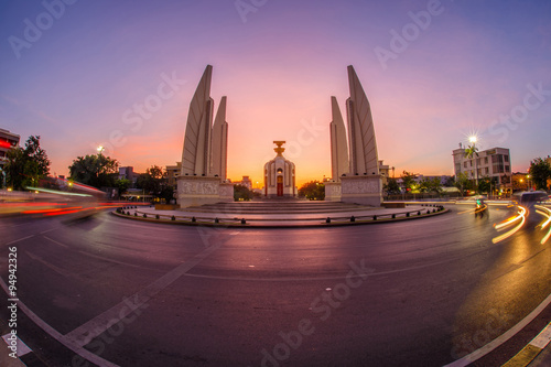 Moment of democracy monument at sunrise time, Bangkok, Thailand. Take a photo with fisheye lens.