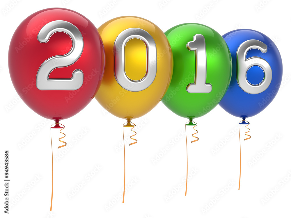 Happy New Year 2016 party balloons Christmas decoration happy wintertime traditional Marry Xmas celebrate adornment multicolored. Future planning calendar date banner advertisement. 3d render isolated Happy New Year 2016 party balloons Christmas decoration happy wintertime traditional Marry Xmas celebrate adornment multicolored. Future planning calendar date banner advertisement. 3d render isolated