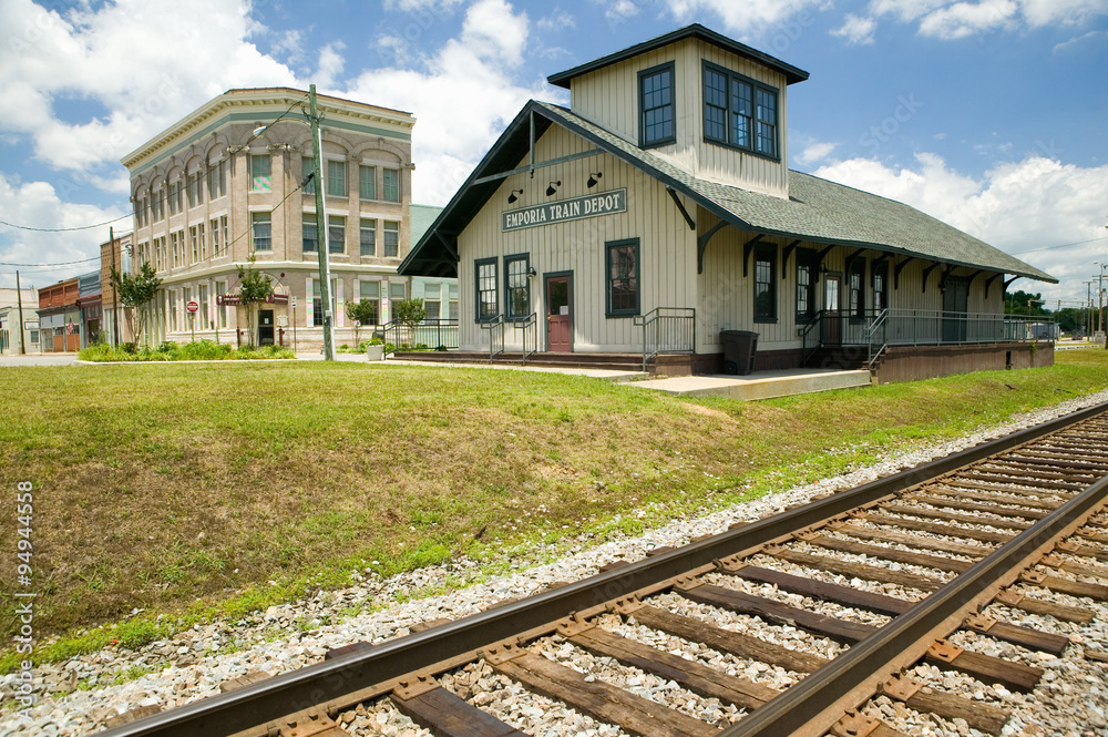 Emporia Virginia Train depot and railroad tracks in rural southeastern Virginia