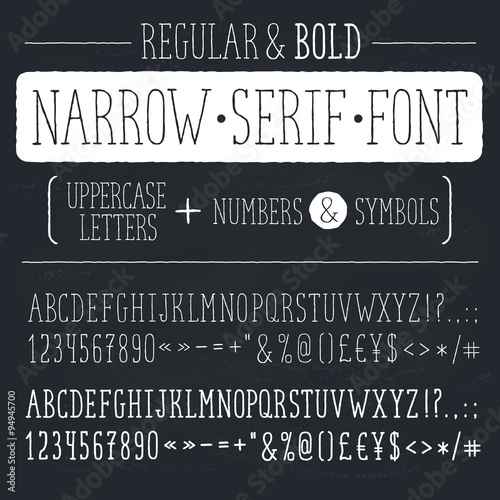 Hand drawn narrow alphabet. Uppercase tall and thin letters and symbols on chalkboard. Handdrawn typography. Narrow doodle font. Light and bold condensed type. 