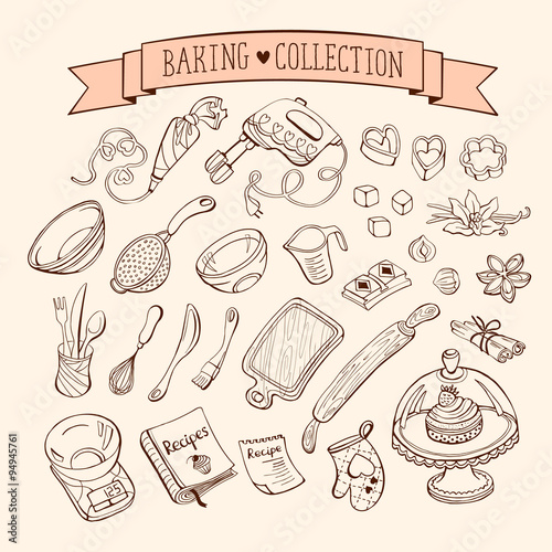 Baking items collection in doodle style. Hand drawn kitchen tools set.