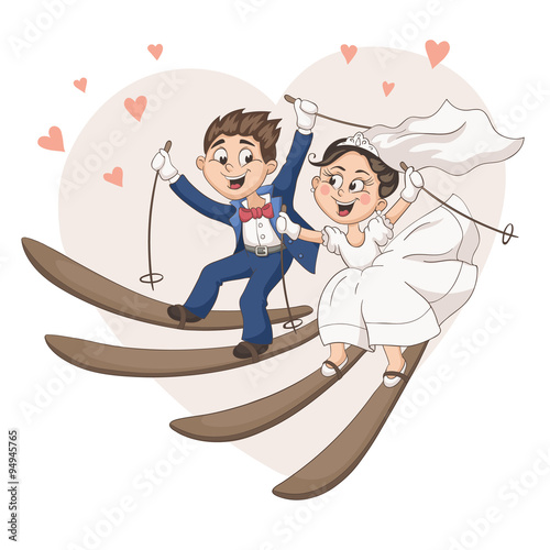 Romantic greeting card with cartoon bride and groom on ski. Cute wedding couple skiing in pastel colors. Fun vector illustration for wedding invitation design.