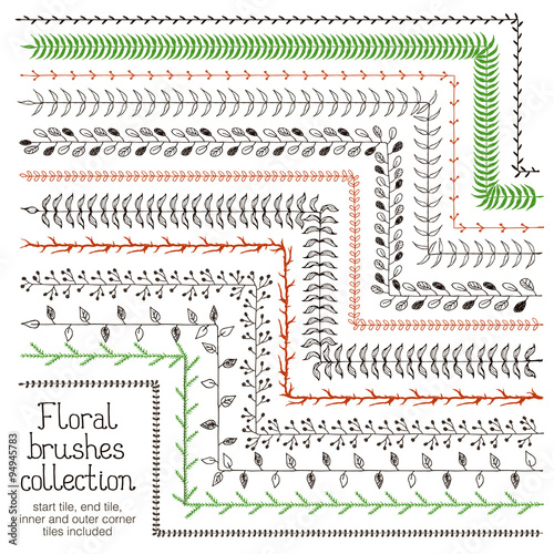 Floral brushes for illustrator. Hand drawn vector brushes for wedding invitation, greeting cards and postcard design. Border, divider, wreath. Vintage ornamental brushes with outer and inner corners.