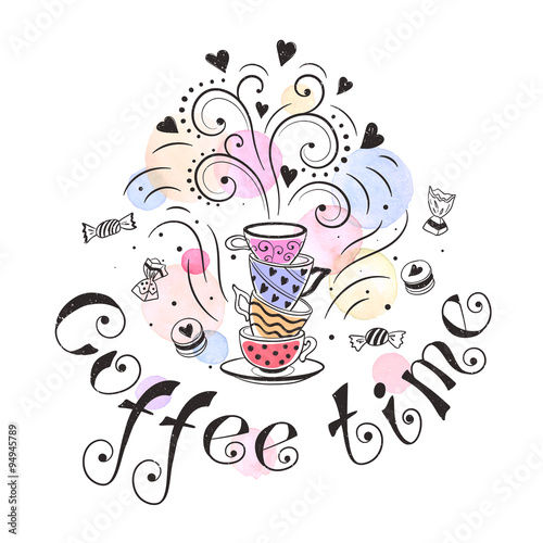 Coffee time poster concept. Coffee party card design. Hand drawn doodle illustration with teapots  cups and sweets.