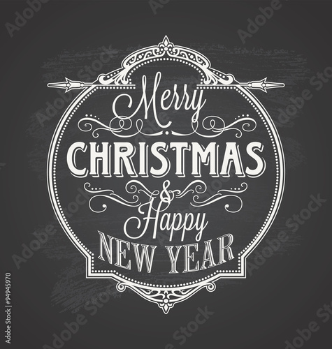Vintage Merry Christmas And Happy New Year Calligraphic And Typographic Background With Chalk Word Art On Blackboard