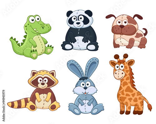 Cute cartoon animals isolated on white background. Stuffed toys set. Vector illustration of adorable plush baby animals. Crocodile, panda, dog, raccoon, bunny, giraffe.