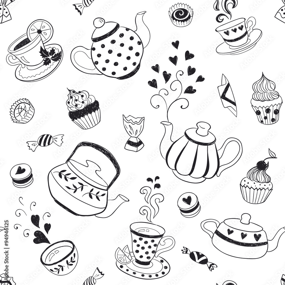 Tea time seamless pattern. Tea party background design. Hand drawn doodle illustration with teapots, cups and sweets.