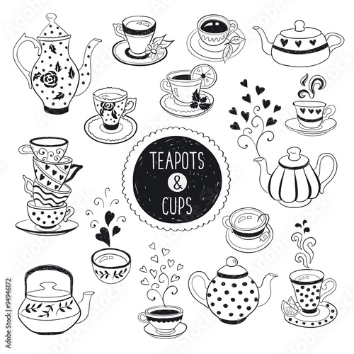 Hand drawn teapot and cup collection. Doodle tea cups, coffee cups and teapots isolated on white background. Vector illustration on tea time icons for cafe and restaurant menu design.