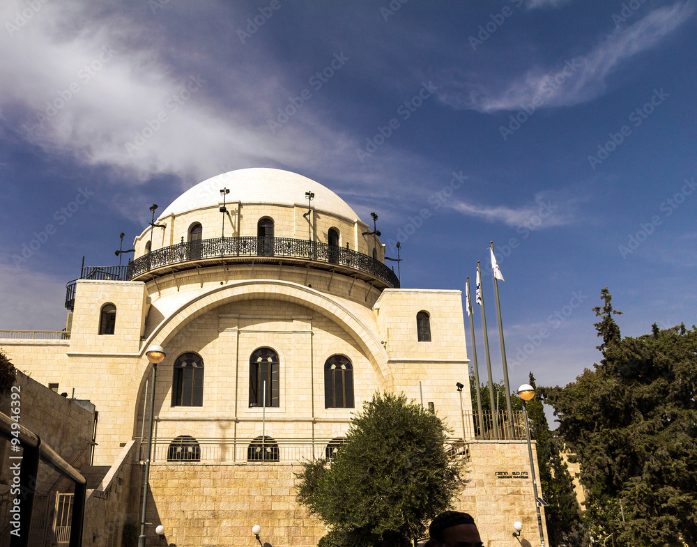 White facade famous restored Hurva Synagogue. Jerusalem, Israel