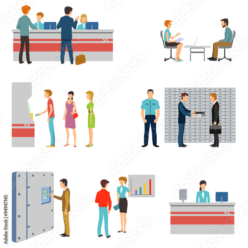 People in a bank interior flat vector icons set. Banking business concept