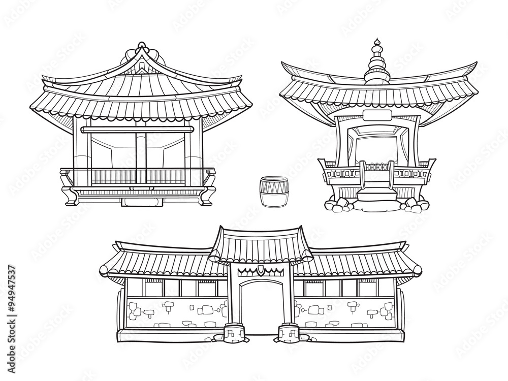 Fotografie Hanok Korean traditional architecture vector outline set