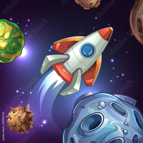 Movie poster with planets, moon, stars and space rocket. Vector illustration