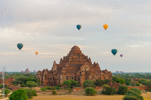 Dhammayangyi temple The biggest Temple with hot air balloons in Bagan (Pagan) at sunrise, Myanmar