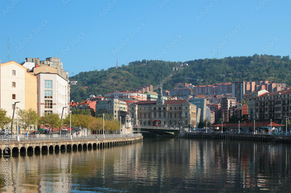 Nervion river, city hall building. Bilbao, Spain