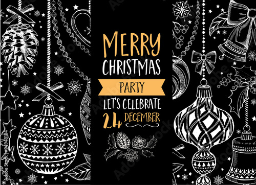 Vector christmas party invitation with toys. Holiday background and design banner. Vector template with hand-drawn xmas graphic.
