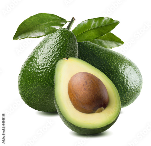 3 avocado cut half seed leaves isolated on white background