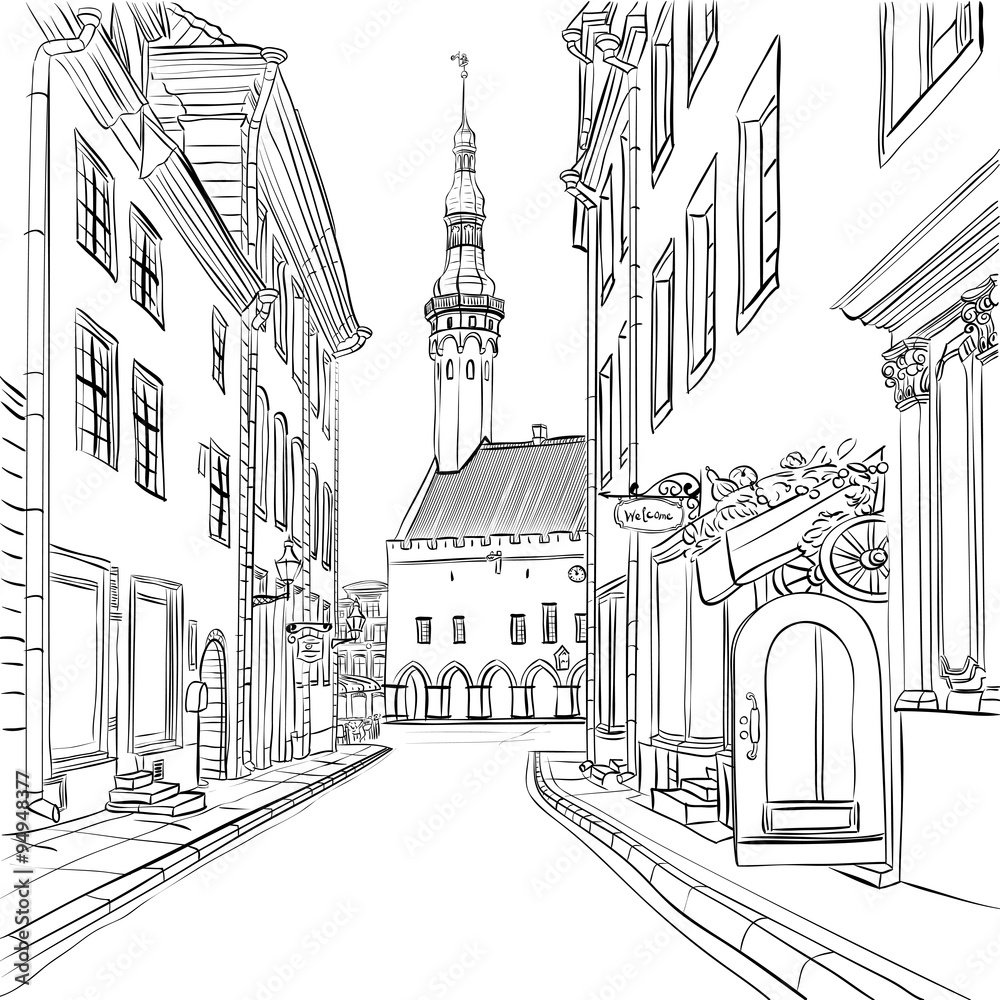 Vector Medieval Old Town, Tallinn, Estonia